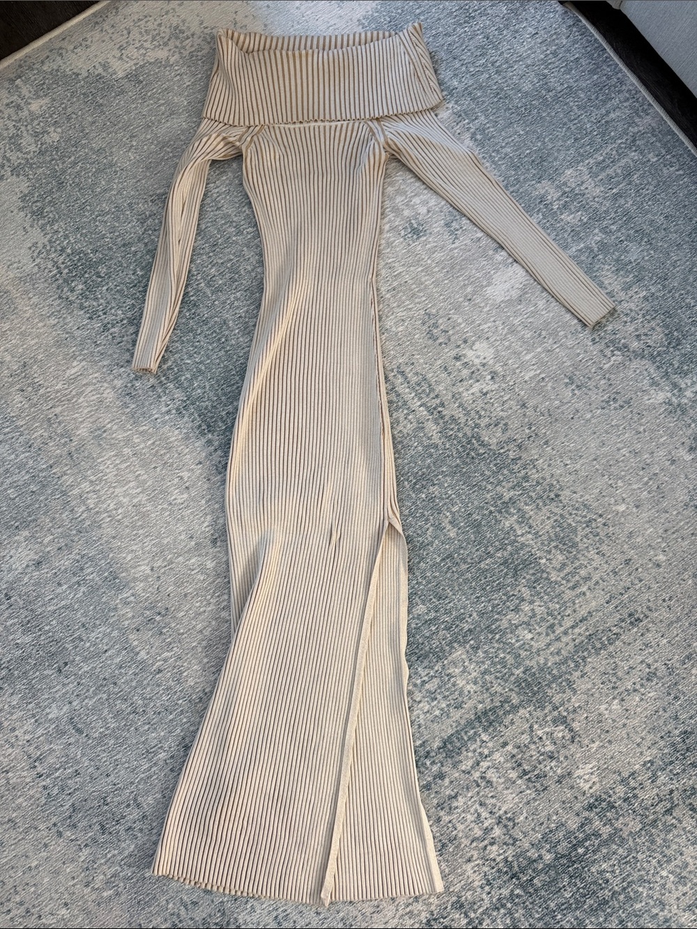 Anthropologie Beige Ribbed Off-Shoulder Long Sleeve Maxi Dress